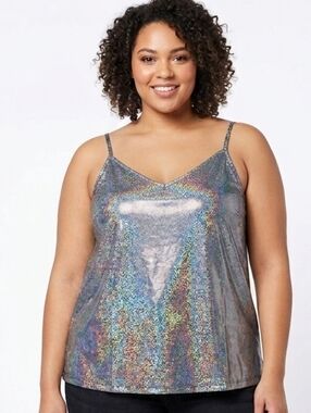 NWOT Holographic Silver V-Neck Spaghetti Strap Top (Runs Small)